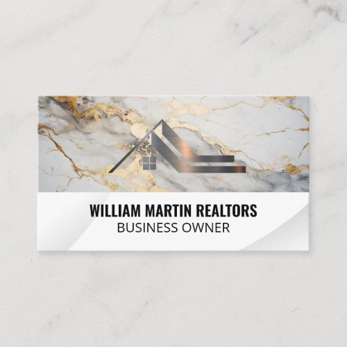 Real Estate Roof Metallic Logo  Gold Marble Business Card