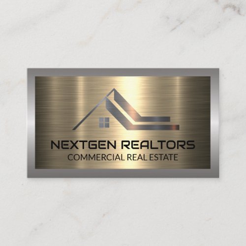 Real Estate Roof Metallic Logo  Metal Brushed Business Card