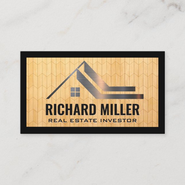 Real Estate Roof | Wood Panel Background Business Card (Front)