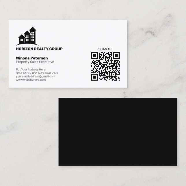 Real Estate Simple Black & White QR Code One Sided Business Card (Front/Back)