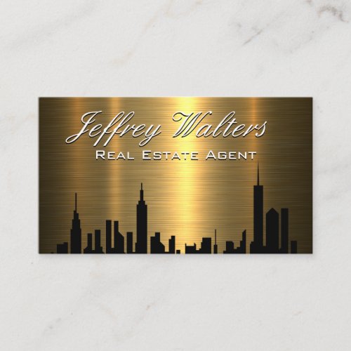 Real Estate Skyline  Gold Metallic Business Card