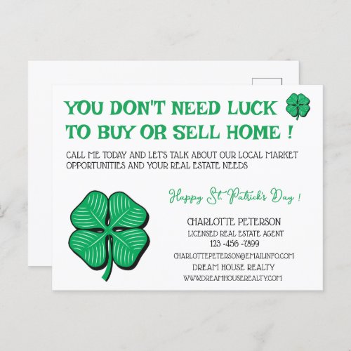 Real Estate St Patricks Day Promotional Marketing Holiday Postcard