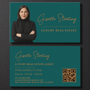 Real Estate Teal Copper QR Code Script Luxury Business Card