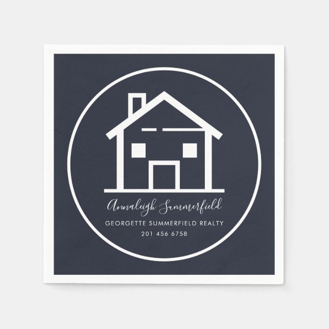 Real Estate White Navy Blue Business Paper Napkins (Front)