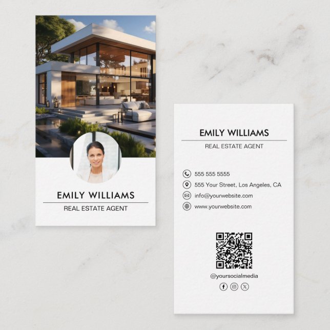 Real Estate White Photo QR Code Social Media Business Card (Front/Back)