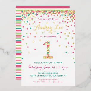 Real Foil 1st Birthday Invitations, Pink Confetti Invitation