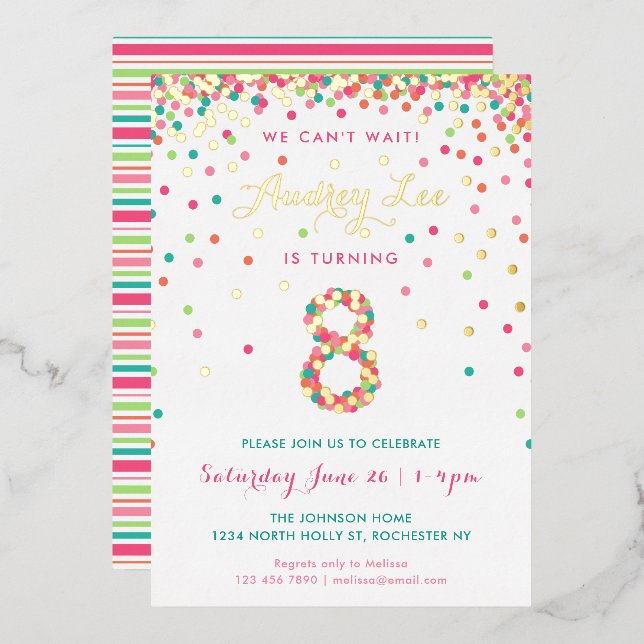 Real Foil 8th Birthday Invitations, Pink Confetti Foil Invitation (Front/Back)