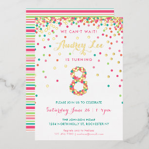 Real Foil 8th Birthday Invitations, Pink Confetti Invitation