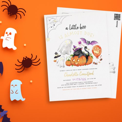 Real Foil  A Little Boo Cat Halloween Baby Shower Foil Invitation Postcard