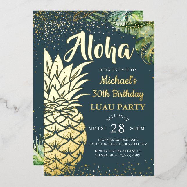 Real Foil Aloha Tropical Gold Pineapple Luau Invitation (Front/Back)