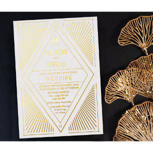 Real Foil Art Deco Geometric Kite Shape Wedding Invitation