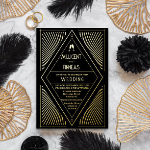 Real Foil Art Deco Geometric Kite Shape Wedding Invitation