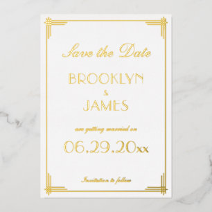 Real Foil Art Deco Save The Date White Cards