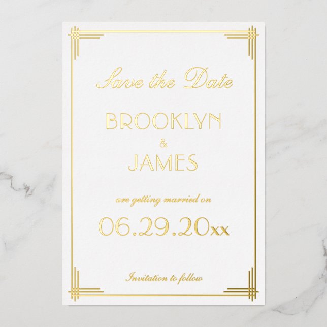 Real Foil Art Deco Save The Date White Cards (Front)