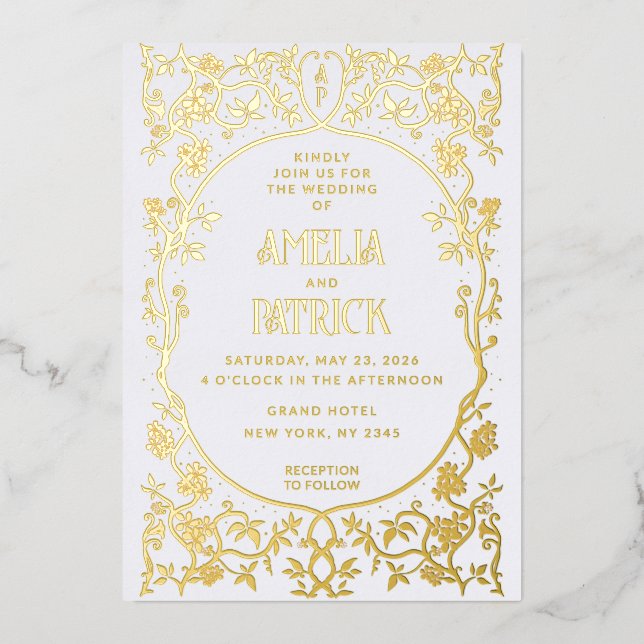 Real Foil Art Nouveau Floral Wedding  Invitation (Front)