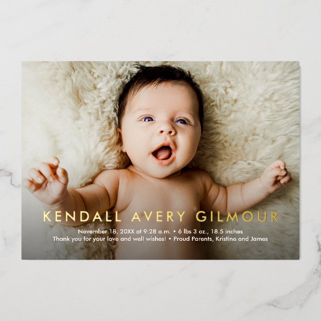 Real Foil Baby Name 2 Custom Photos Birth Holiday Card (Front)