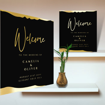 Real Foil Black Gold Elegant Wedding Welcome Sign by invitationz at Zazzle