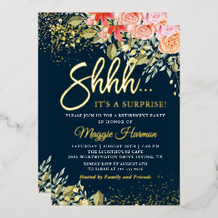 Real Foil Blue Gold Floral Surprise Retirement Invitation