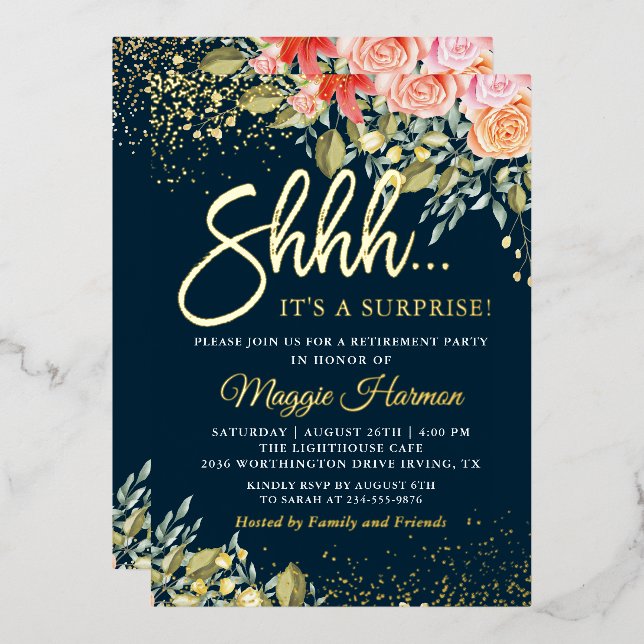 Real Foil Blue Gold Floral Surprise Retirement Invitation (Front/Back)
