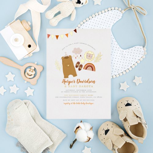 Real Foil  Boho Clothes Orange Boy Baby Shower Foil Invitation