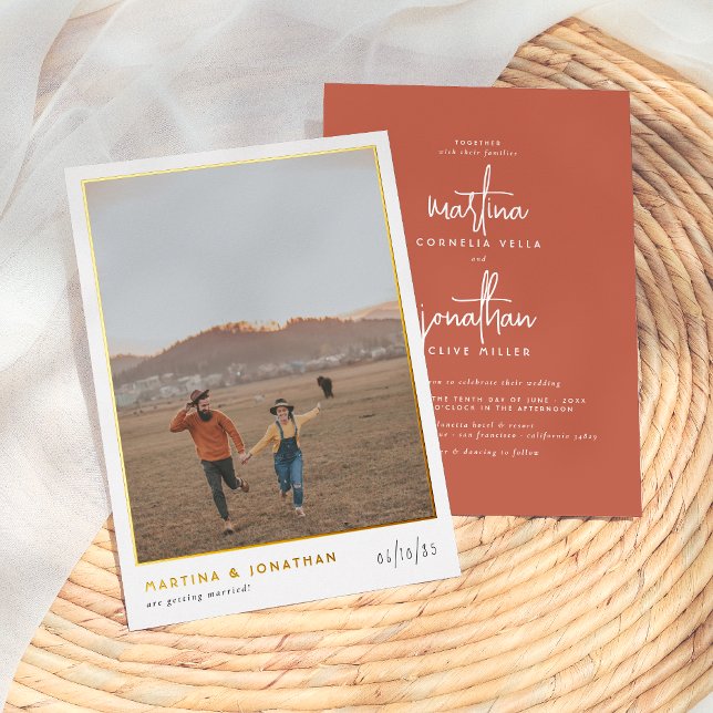 Real Foil Boho Minimalist Terracotta Photo Wedding Foil Invitation (Creator Uploaded)