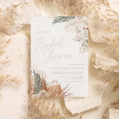 Real Foil  Boho Modern Pampas Grass Bridal Shower Foil Invitation