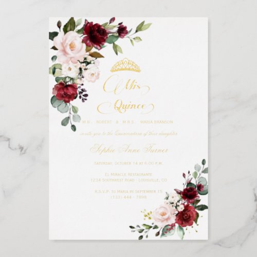 REAL FOIL Burgundy Floral Mis Quince Quinceaera  Foil Invitation