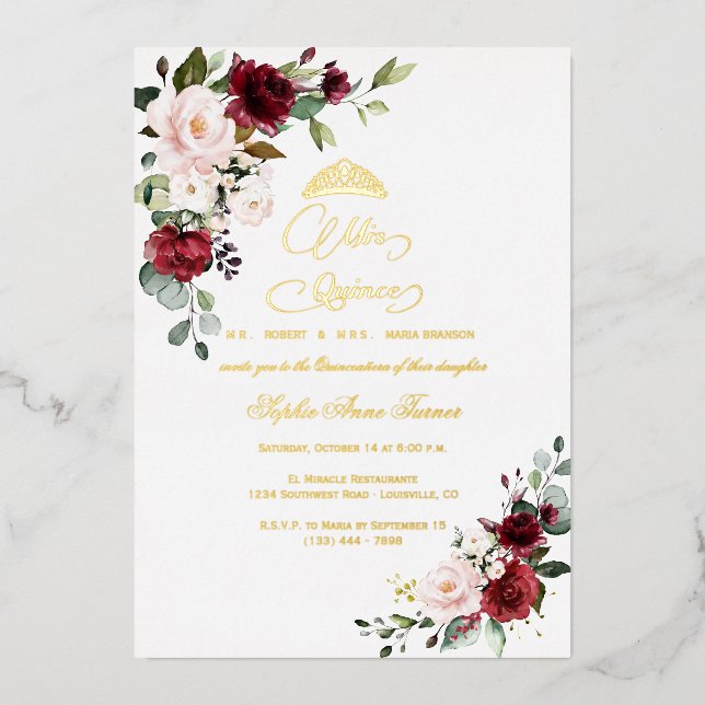 REAL FOIL Burgundy Floral Mis Quince Quinceañera  Foil Invitation (Front)