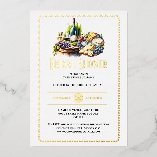 Real foil cheese wine watercolor winery bridal  foil invitation (Front)