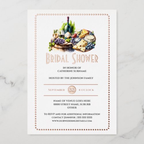 Real foil cheese wine watercolor winery rose gold foil invitation