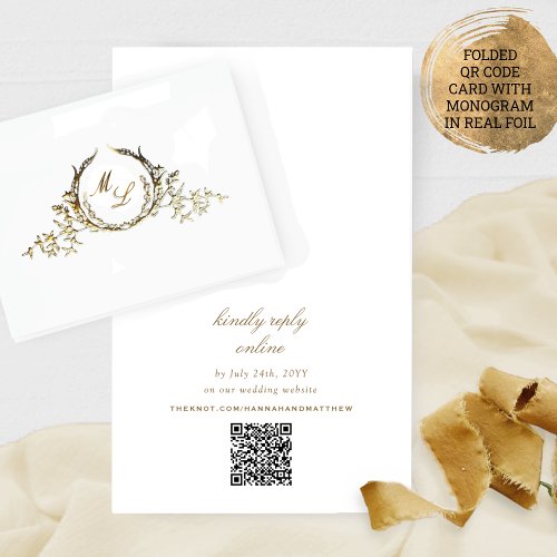 Real Foil Chic Calligraphy Monogram RSVP QR Code  Foil Card