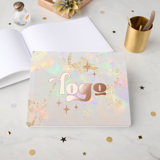 real foil company logo on opal background foil guest book  (Front Open)
