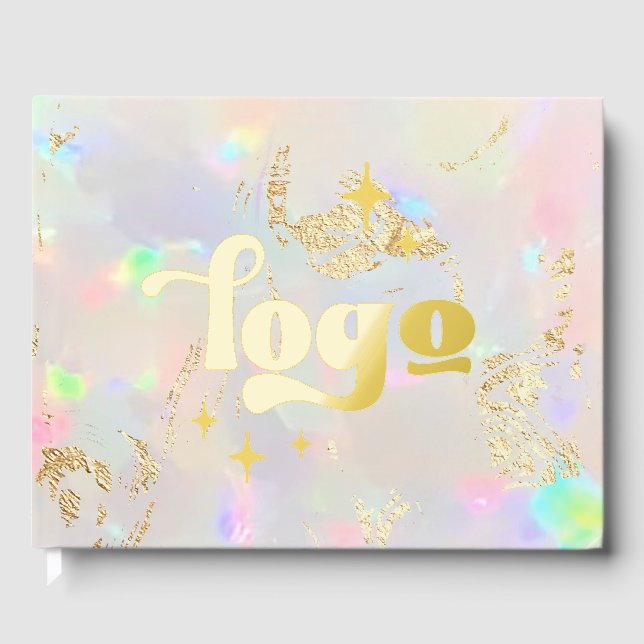 real foil company logo on opal stone guest book  (Front)