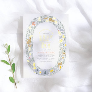 Real Foil Cute Jungle Safari Boy Baby Shower Foil Invitation