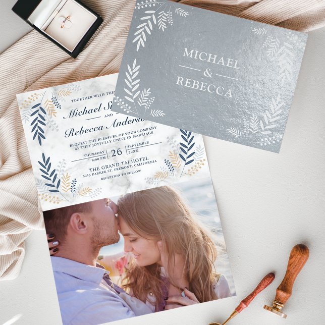 Real Foil Dusty Blue Branch Wedding Invitation (Creator Uploaded)