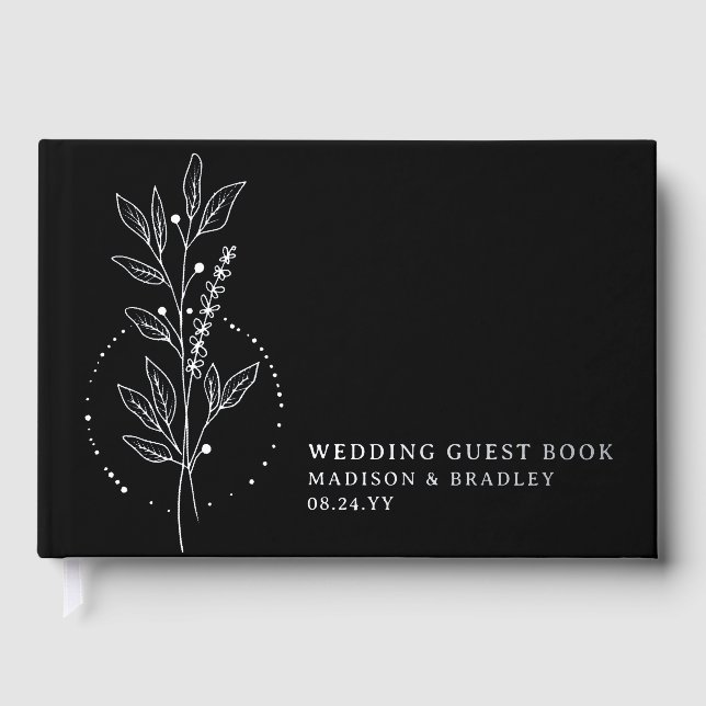Real Foil Elegant Black Boho Floral Wedding Foil Guest Book (Front)