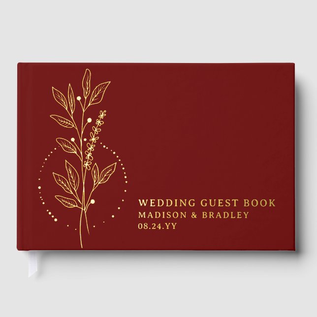 Real Foil Elegant Burgundy Boho Floral Wedding Foil Guest Book (Front)