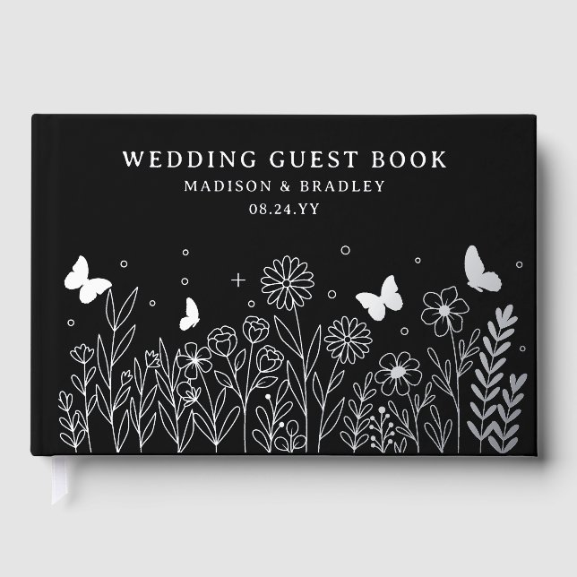 Real Foil Elegant Floral Black Wedding Foil Guest Book (Front)