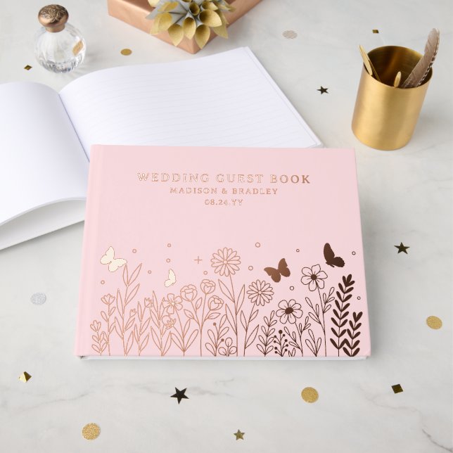 Real Foil Elegant Floral Pink Wedding Foil Guest Book (Front Open)