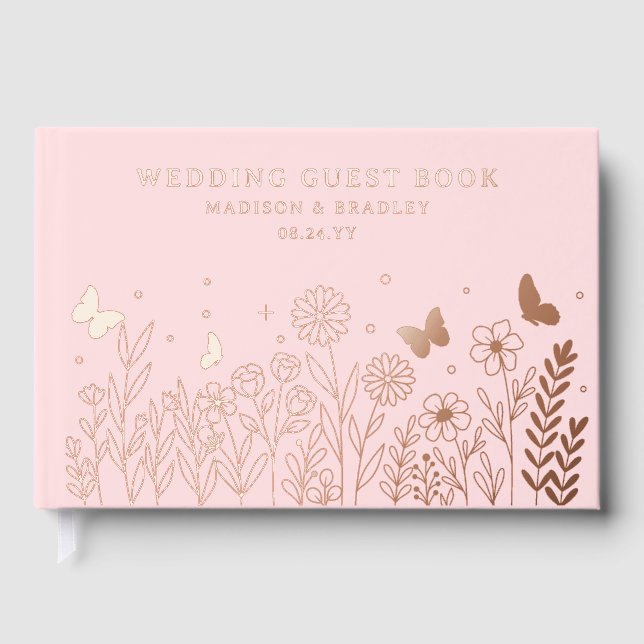 Real Foil Elegant Floral Pink Wedding Foil Guest Book (Front)