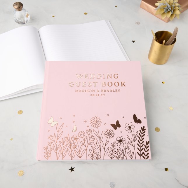 Real Foil Elegant Floral Pink Wedding Foil Guest Book (Front Open)