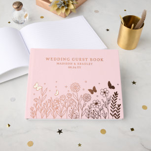 Real Foil Elegant Floral Pink Wedding Guest Book