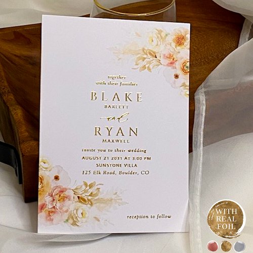 Real Foil Elegant Peach Blush Champagne Wedding Foil Invitation