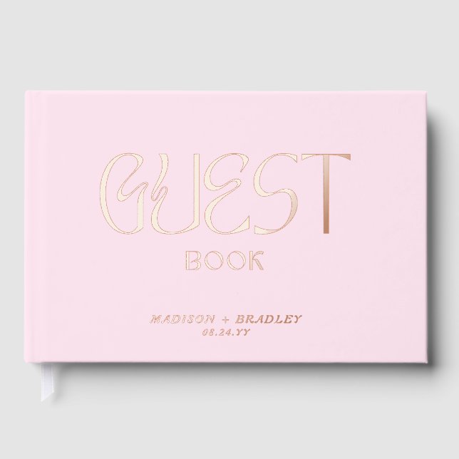 Real Foil Elegant Pink Calligraphy Script Wedding Guest Book (Front)