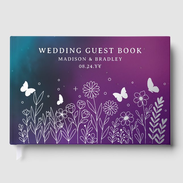 Real Foil Elegant Purple Teal Floral Wedding Foil Guest Book (Front)
