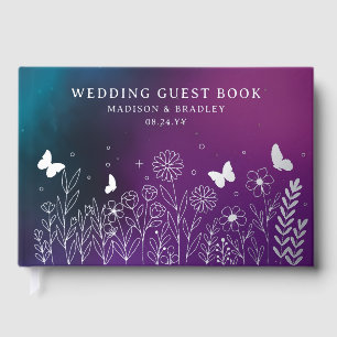 Real Foil Elegant Purple Teal Floral Wedding Guest Book