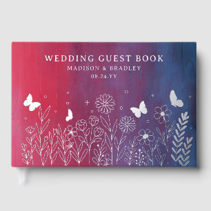 Real Foil Elegant Red Blue Floral Wedding Guest Book