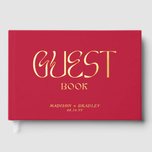 Real Foil Elegant Red Calligraphy Script Wedding Guest Book