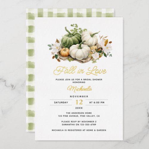 REAL FOIL Fall In Love Plaid Pumpkin Bridal Shower Foil Invitation