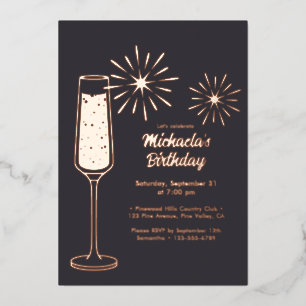 Real Foil Fireworks & Champagne Birthday Invitation